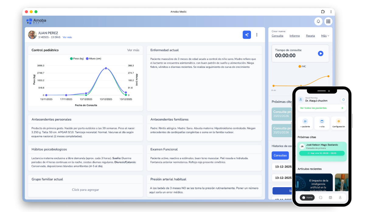 Interfaz de AmobaMedic en Laptop y App Móvil